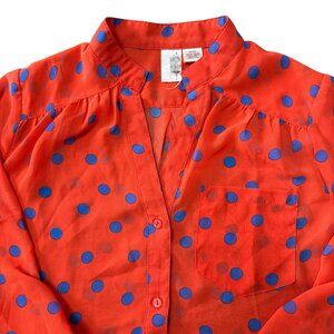 Anthropologie Francesca Blouse Womens Medium Sheer Orange Polka Dot Blue